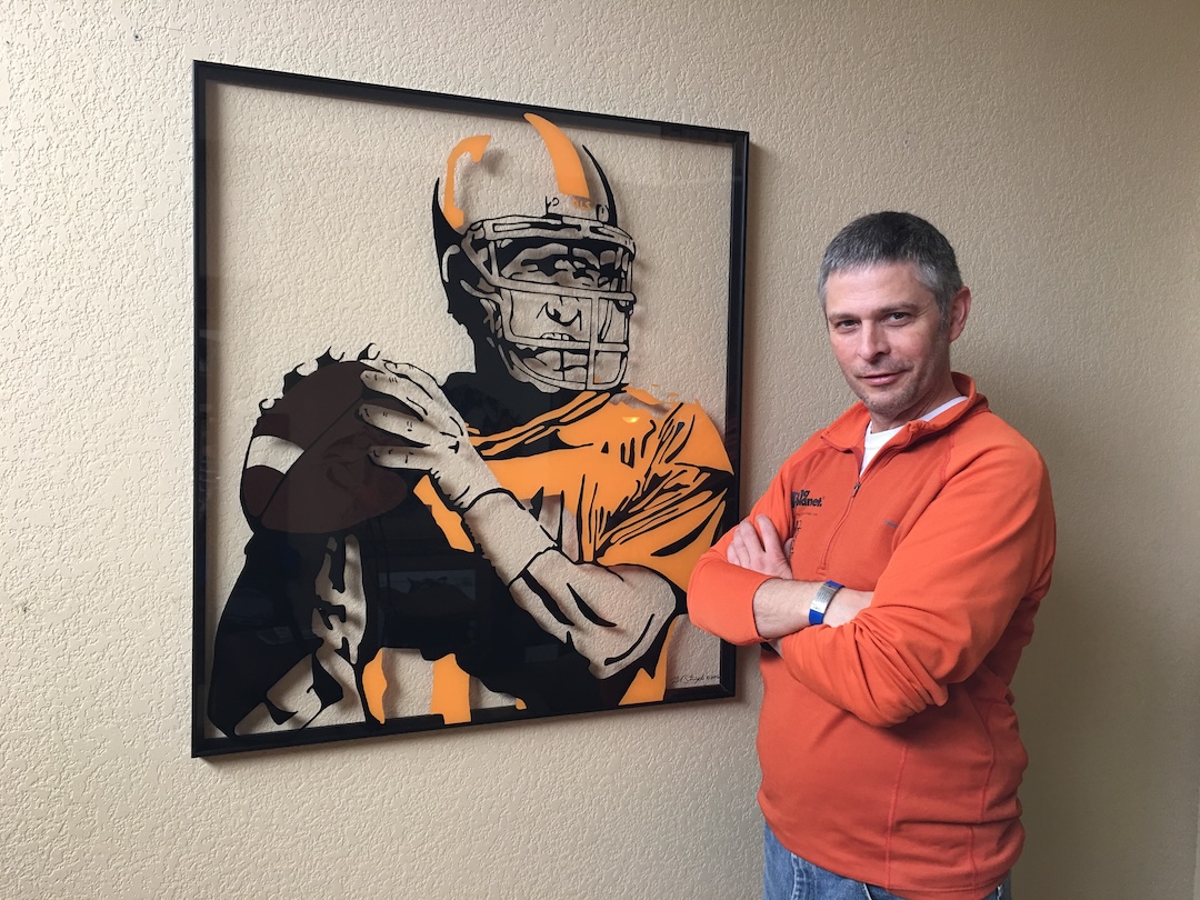 Mike Stemple with client and glass painting